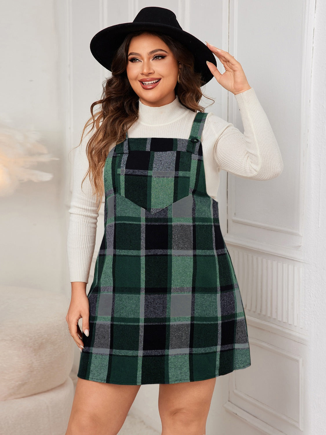 Honey Plus Size Plaid Wide Strap Overall Dress - In Style Chics Boutique LLC