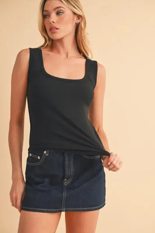 Square Neck Wide Strap Black Tank - In Style Chics Boutique Women's Juniors Apparel Online In Style Clothes