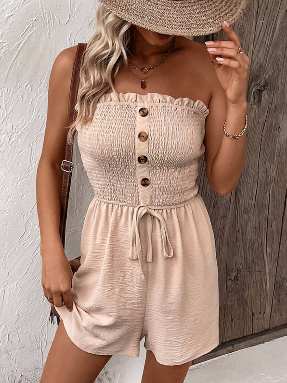 Decorative Button Smocked Strapless Romper - In Style Chics Boutique LLC