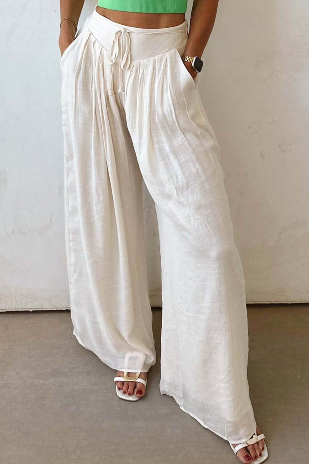 Women's Juniors White Casual Tie Waist Pleated Wide Leg Pants - Cute Clothes for Spring - In Style Chics Boutique Online Apparel