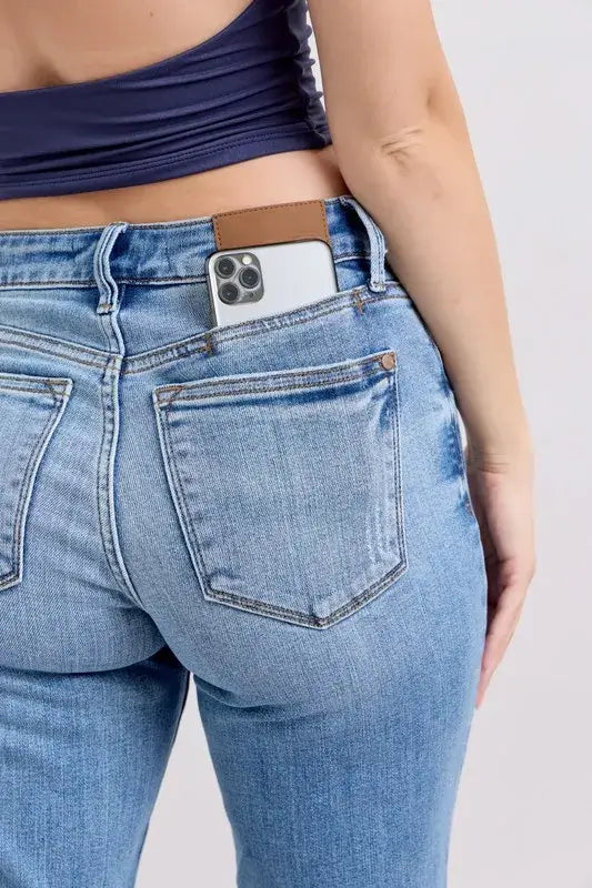 Judy Blue Mid Rise Vintage Wash Slim Jeans with Cell Phone Pocket - In Style Chics Boutique Women's Juniors Plus Size Apparel Online