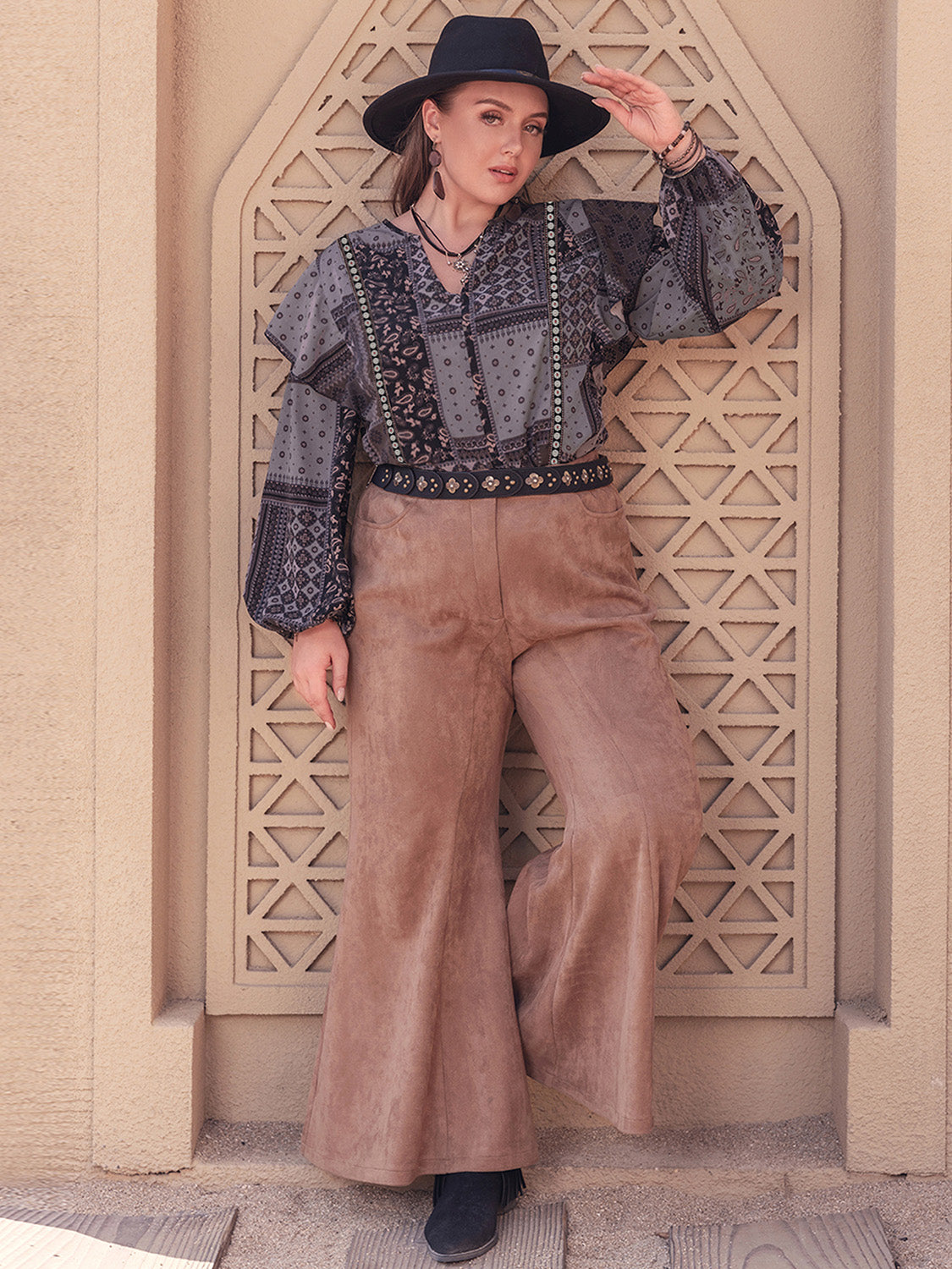 Plus Size Ruffled Printed Notched Long Sleeve Blouse - In Style Chics Boutique LLC