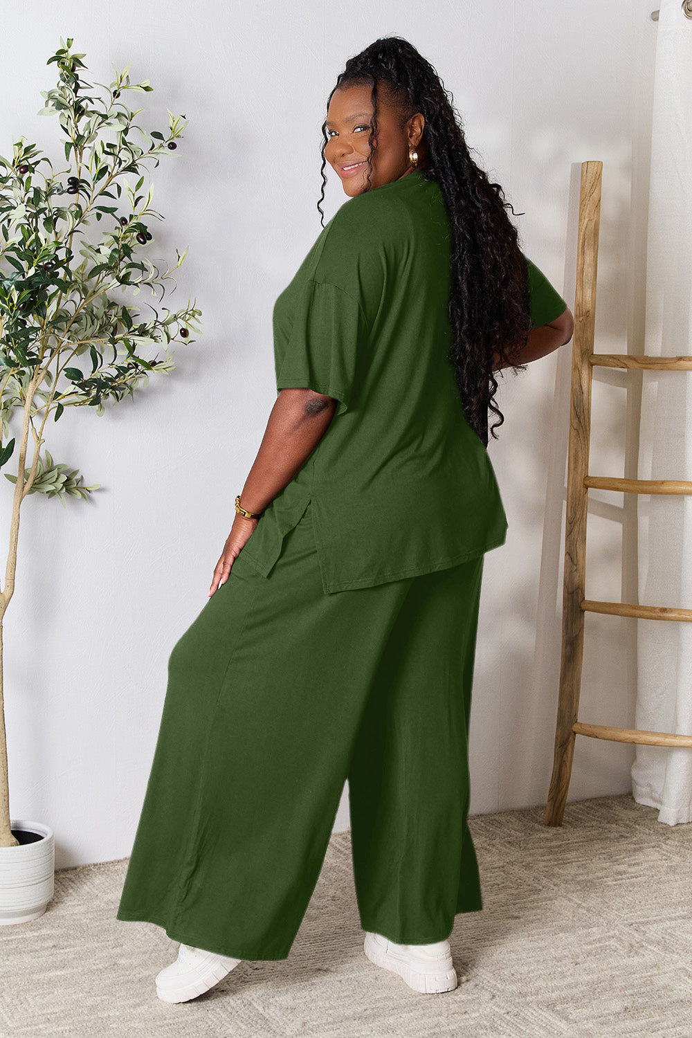 Double Take Round Neck Slit Top and Pants Set - More Colors! - In Style Chics Boutique LLC