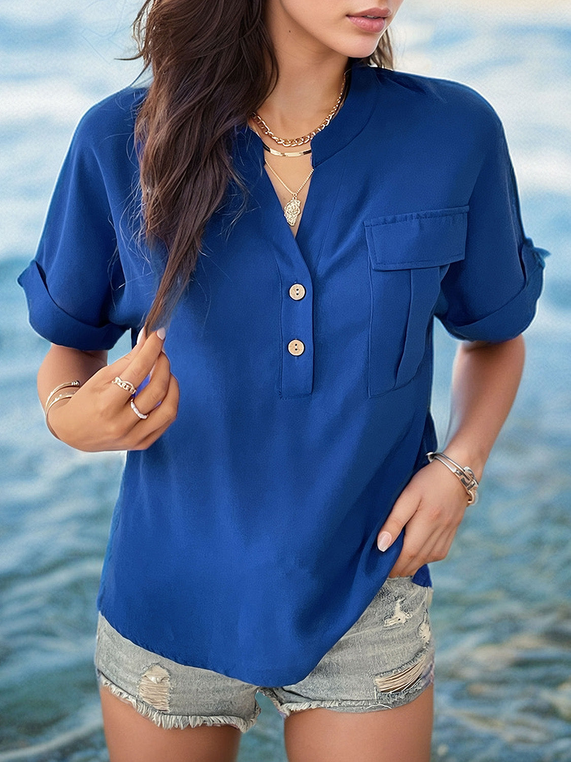 Buttoned Notched Short Sleeve Blouse - In Style Chics Boutique LLC