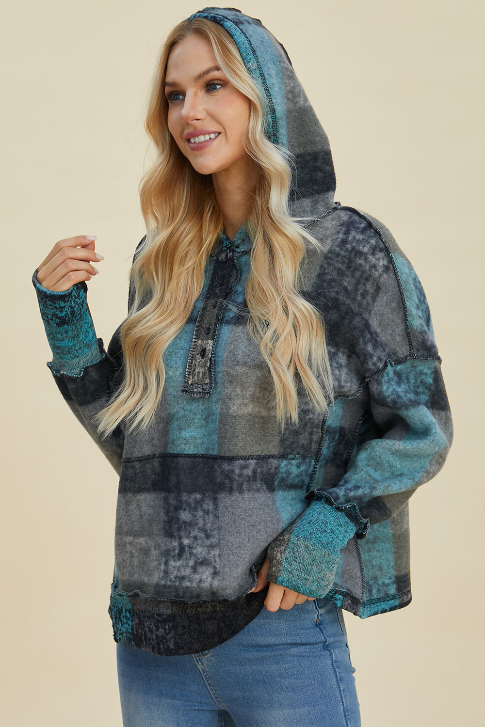 Double Take Full Size Plaid Dropped Shoulder Fleece Hoodie - In Style Chics Boutique LLC
