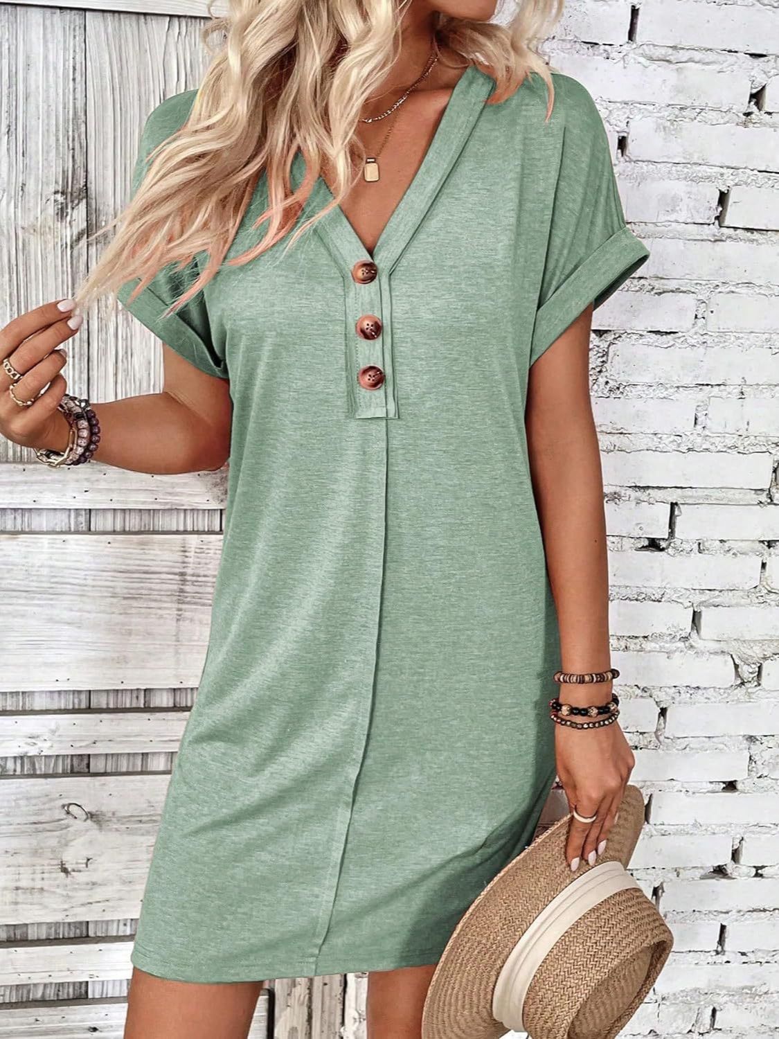 Quarter Button V-Neck Short Sleeve Dress - More Colors! - In Style Chics Boutique LLC