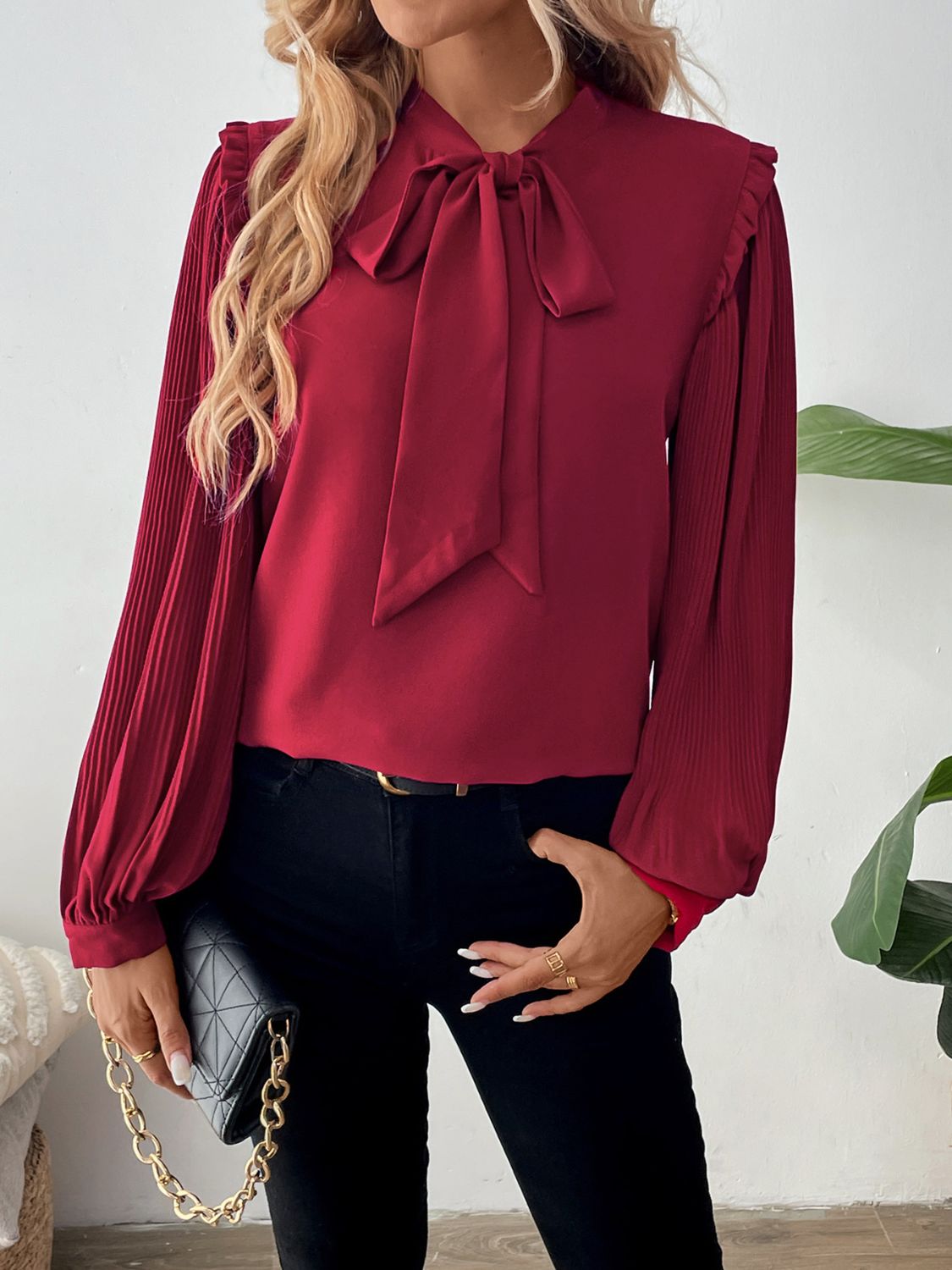 Perfee Frill Tie Neck Long Sleeve Blouse - In Style Chics Boutique LLC