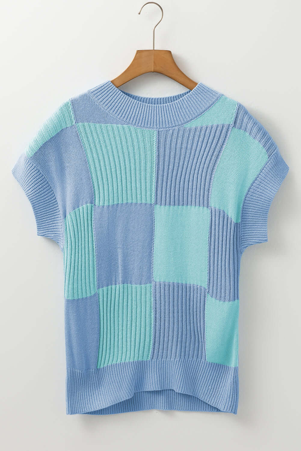 Khaki Checkered Color Block Crew Neck Short Sleeve Sweater - Cute Clothes Online - In Style Chics Boutique Women's Juniors