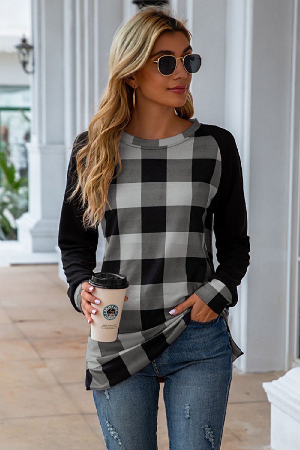 Plaid Round Neck Long Sleeve T-Shirt - In Style Chics Boutique LLC