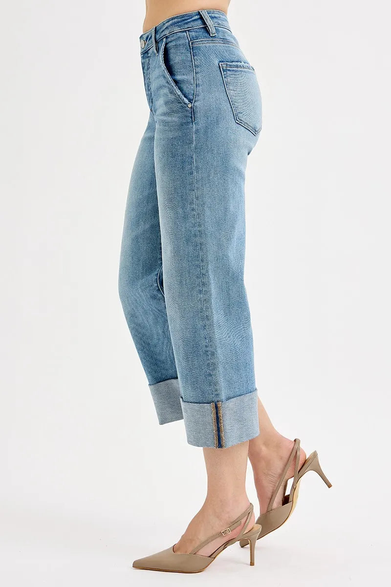 Tummy Control High Rise Ankle Wide Cuffed Jeans at In Style Chics Boutique