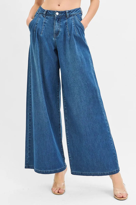RISEN Mid Rise Fit Wide Leg Knit Denim Look Jeans - Best Women's Jeans - In Style Chics Boutique
