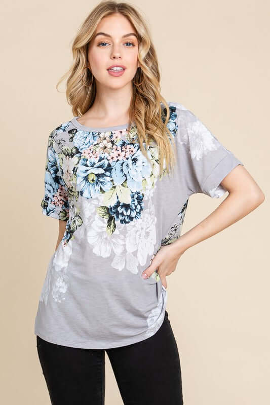 Floral Round Neck Short Sleeve T-Shirt - Cute Clothing Online Women's Juniors Apparel - In Style Chics Boutique