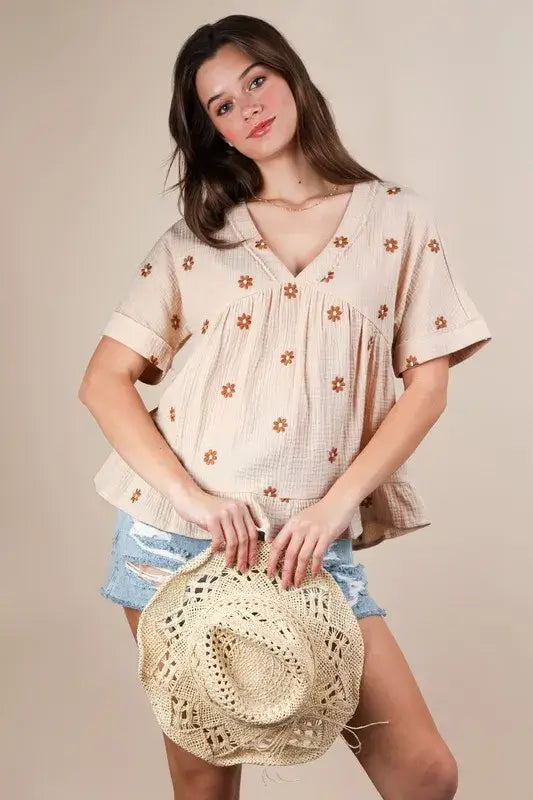 Flower Embroidered Woven Blouse