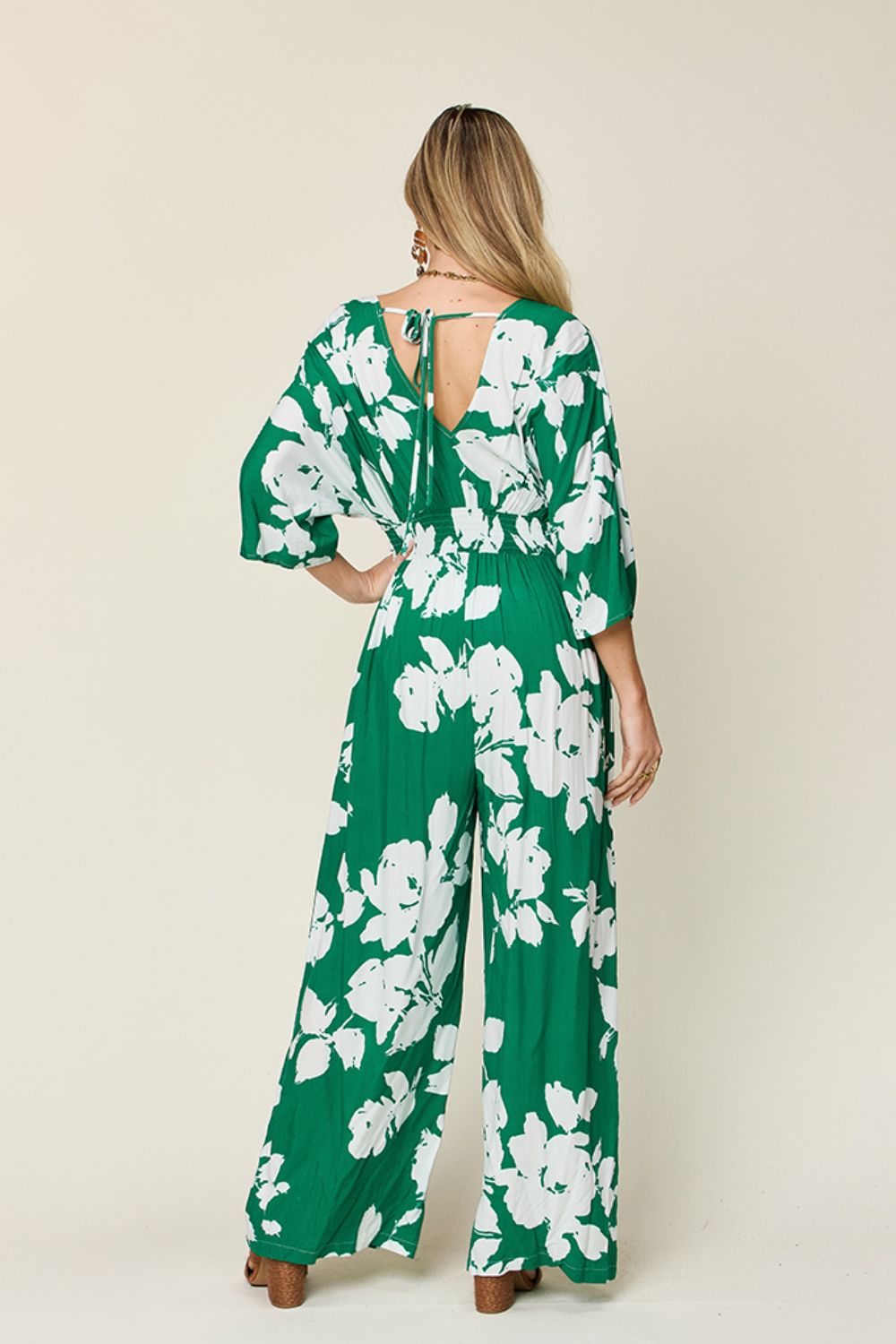 Double Take Full Size Printed Tie Back Wide Leg Jumpsuit - In Style Chics Boutique LLC