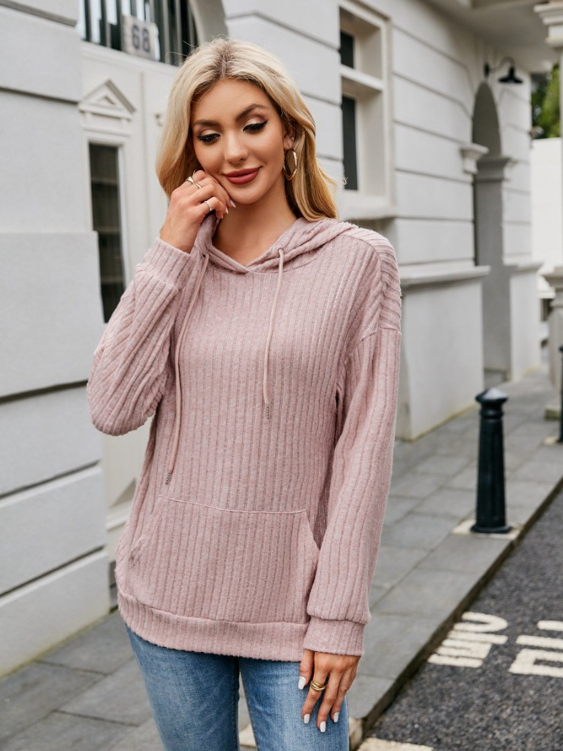 Ribbed Drawstring Long Sleeve Hoodie - In Style Chics Boutique LLC