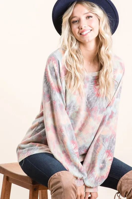 Brushed Tie Dye Print Top with Puff Sleeves at In Style Chics Boutique Fall 2025 Women's Fashion