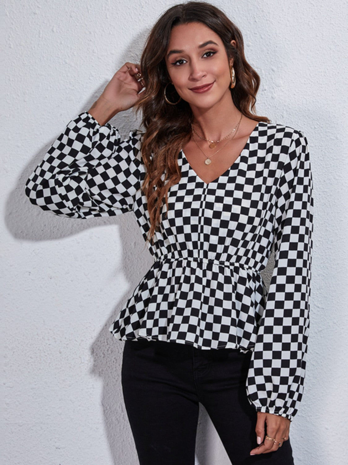 Checkered V-Neck Balloon Sleeve Peplum Blouse - In Style Chics Boutique LLC