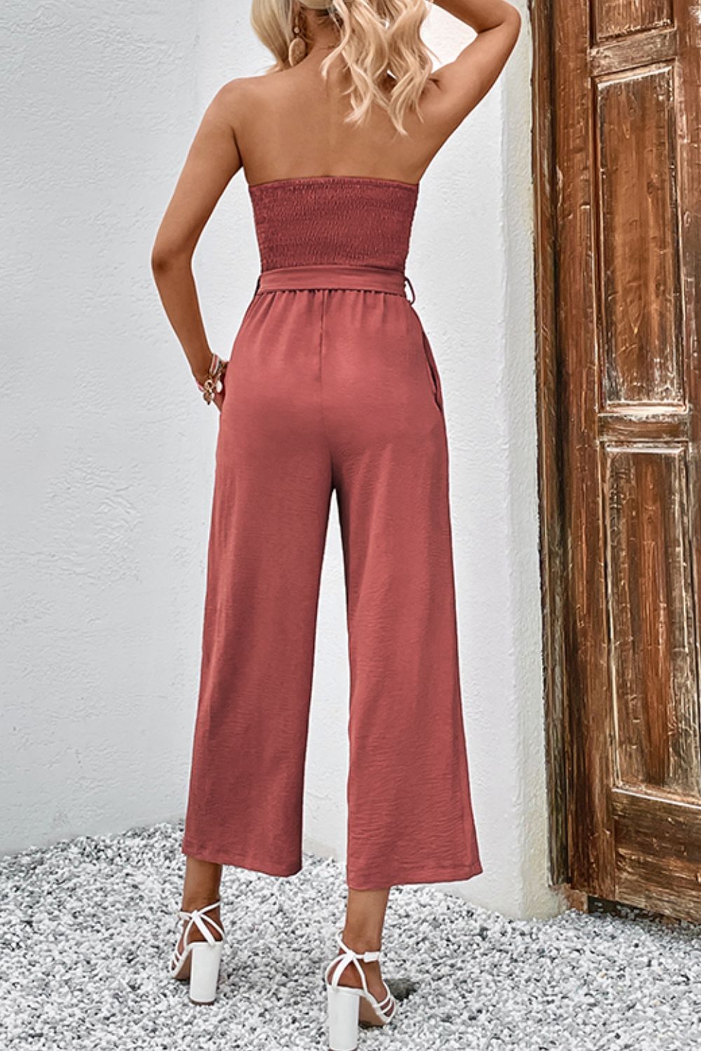 Decorative Button Strapless Smocked Jumpsuit with Pockets - In Style Chics Boutique LLC