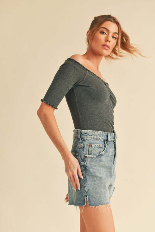 Aemi + Co Ruched Frill Off-Shoulder Half Sleeve Knit Top - Cute Clothes Online - In Style Chics Boutique Women's Juniors Apparel