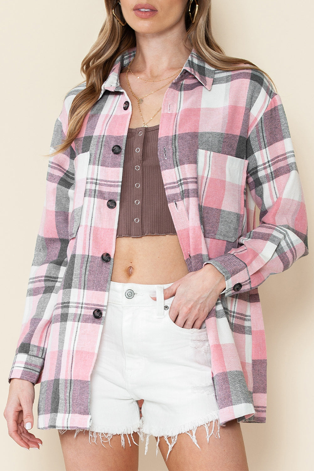 Pink Long Sleeve Collared Button Up Flannel Shacket - In Style Chics Boutique LLC