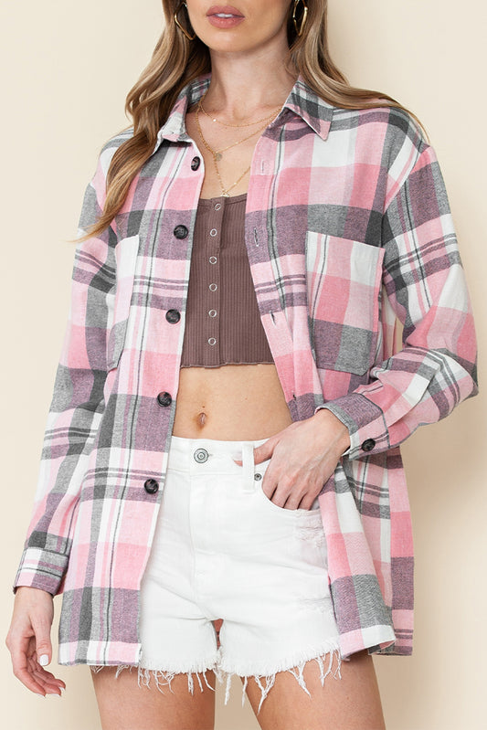 Pink Long Sleeve Collared Button Up Flannel Shacket - In Style Chics Boutique LLC