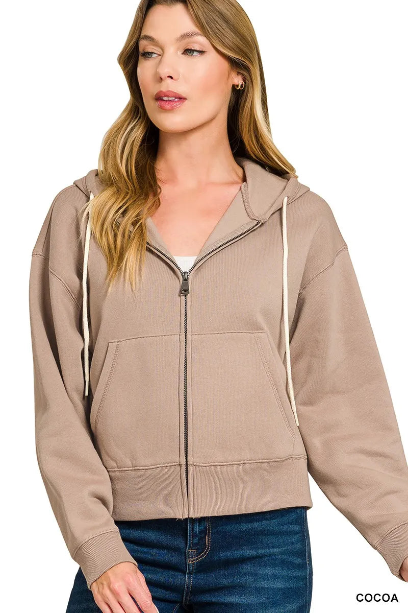 Fleece Cropped Zip-up Hoodie with Pockets at In Style Chics Boutique