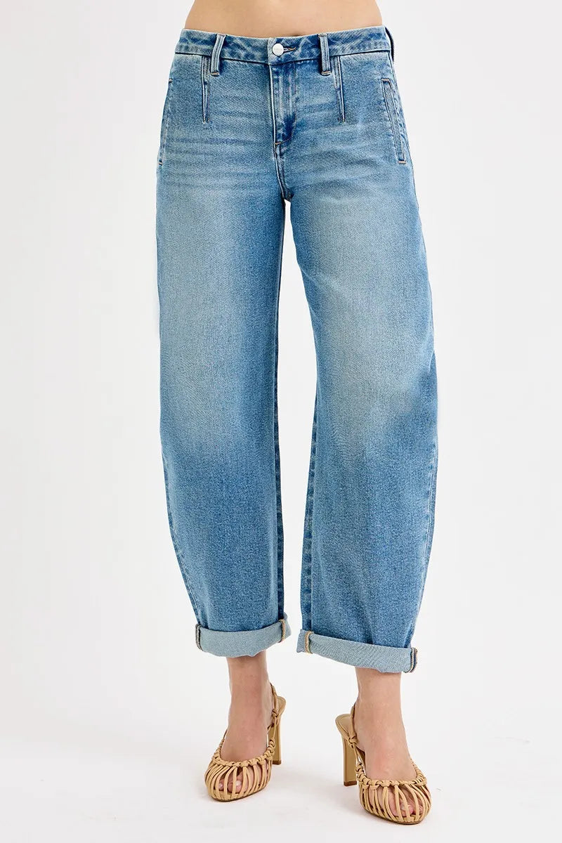 Mid Rise Fit Barrel Roll Up Jeans at In Style Chics Boutique