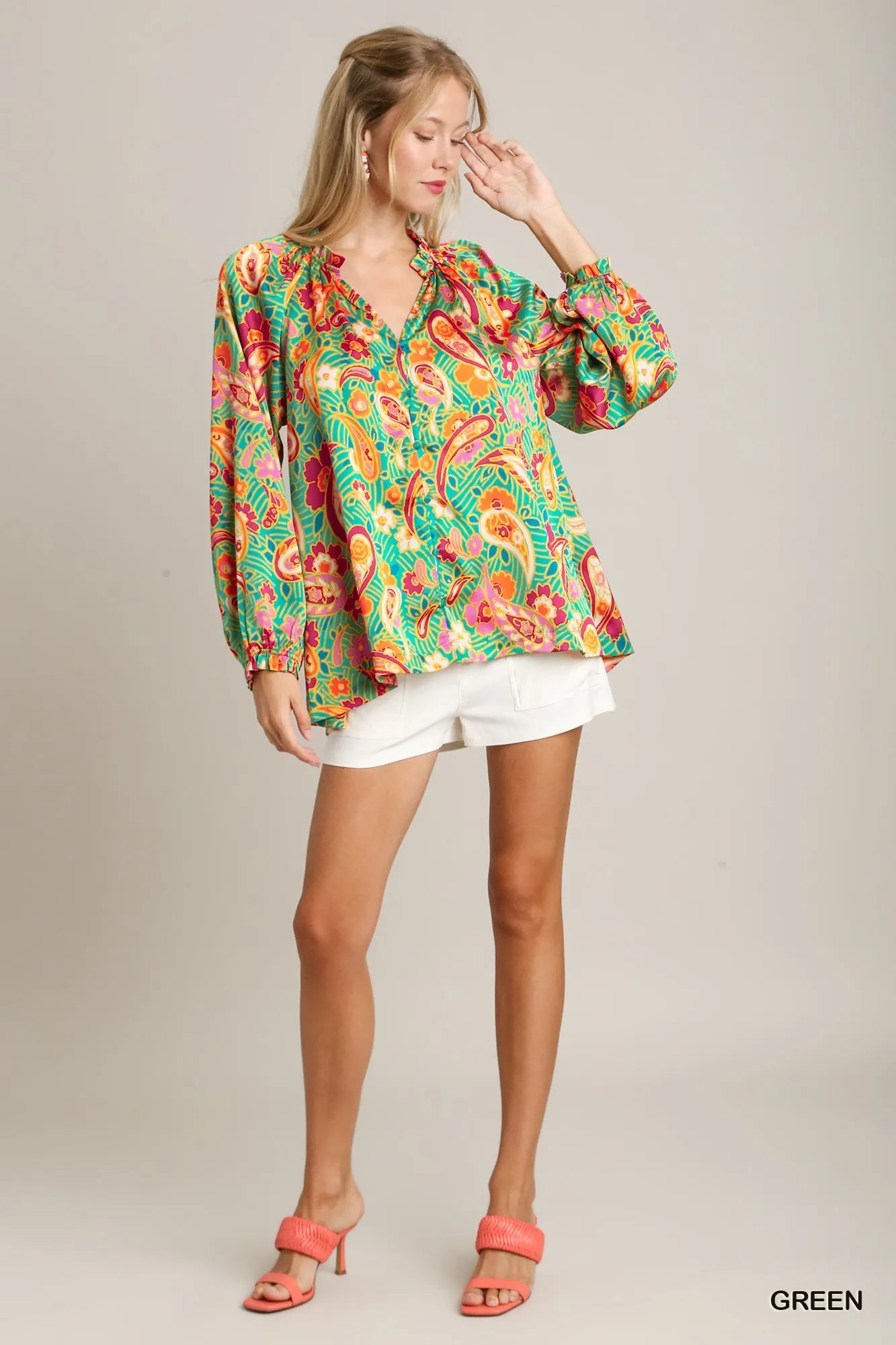 Satin Paisley Ruffle Neck Button-Up Shirt Boho Fashion for over 60 at In Style Chics Boutique