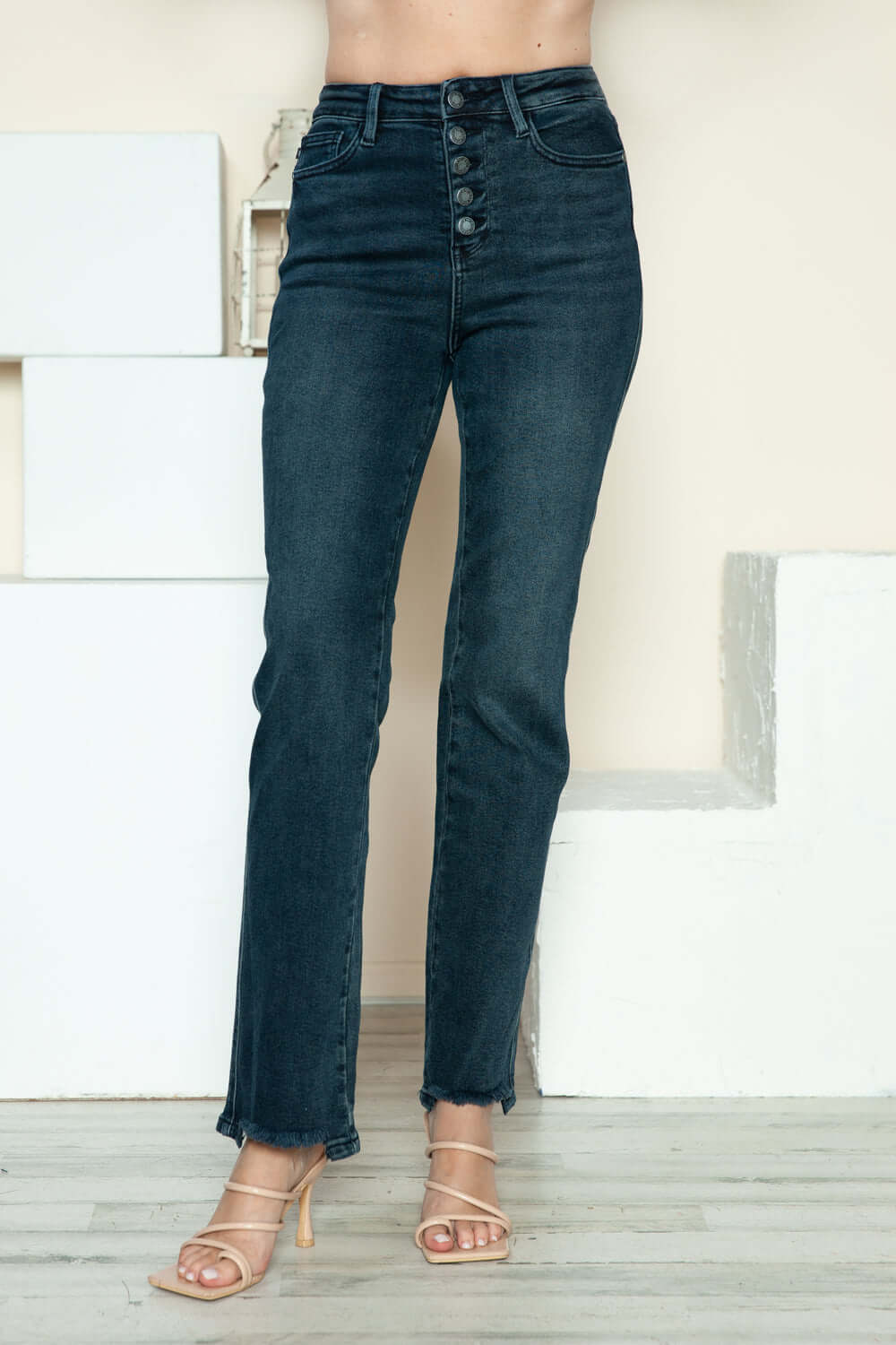 Judy Blue Full Size Button Fly Hem Destroy Straight Jeans - In Style Chics Boutique LLC