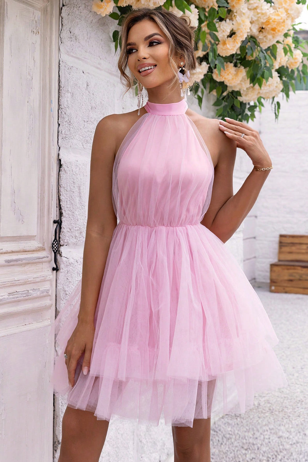 Halter Neck Backless Mesh Dress - In Style Chics Boutique LLC