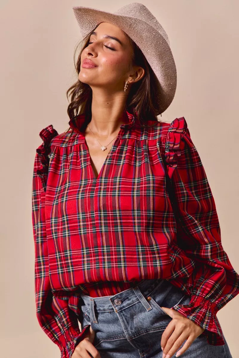 Christmas Checkered Plaid Smocked ♥️ Blouse at In Style Chics Boutique
