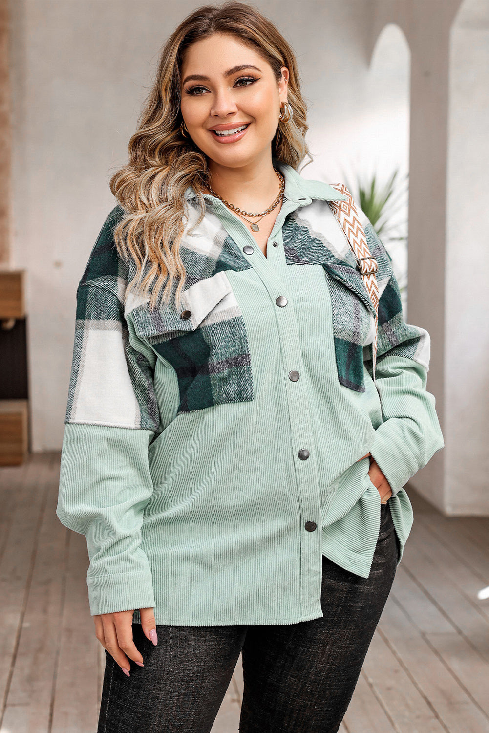 Plus Size Plaid Snap Down Jacket with Pockets - In Style Chics Boutique LLC