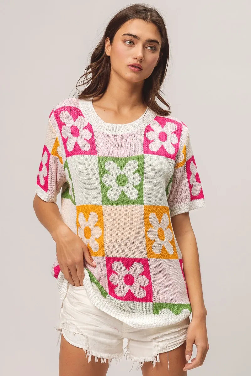 Sweater Top, Flower Checker Pattern Lightweight In Style Chics Boutique Where to buy stylish women’s clothes