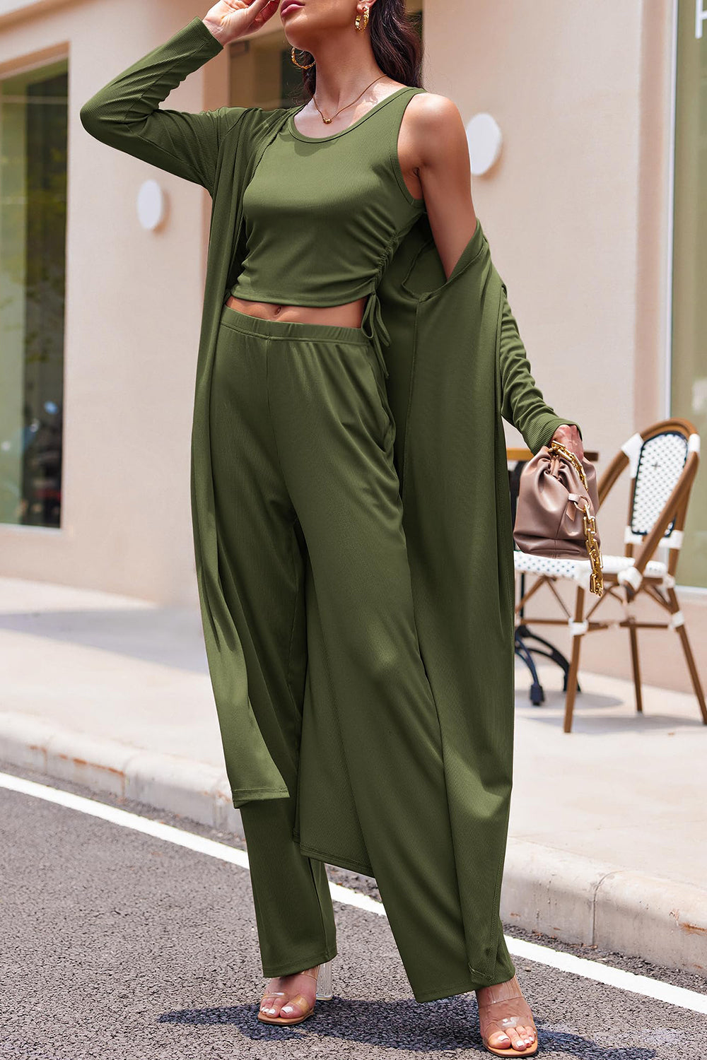 Drawstring Tank, Long Sleeve Cover Up and Pants Set - In Style Chics Boutique LLC
