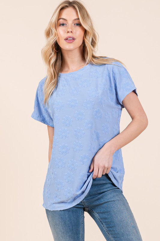 BOMBOM Textured Floral Pattern Short Sleeve T-Shirt - Made in USA - Cute Clothes Online - In Style Chics Boutique Women's Juniors Apparel
