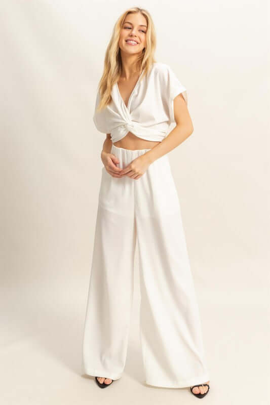 Twisted Front Short Sleeve Top and Wide Leg Pants Set - Cute Clothing Online - In Style Chics Boutique Women's Juniors Apparel