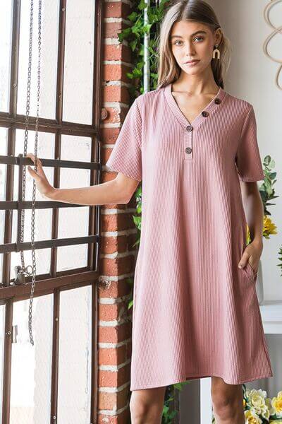 Solid Ribbed Mini Dress with Button - In Style Chics Boutique