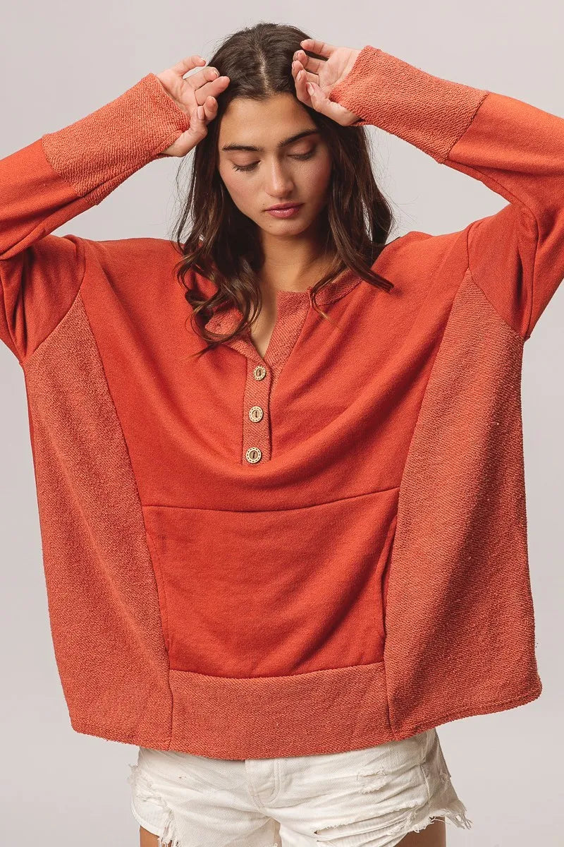 French Terry Knit Side Block Buttoned Henley Top at In Style Chics Boutique