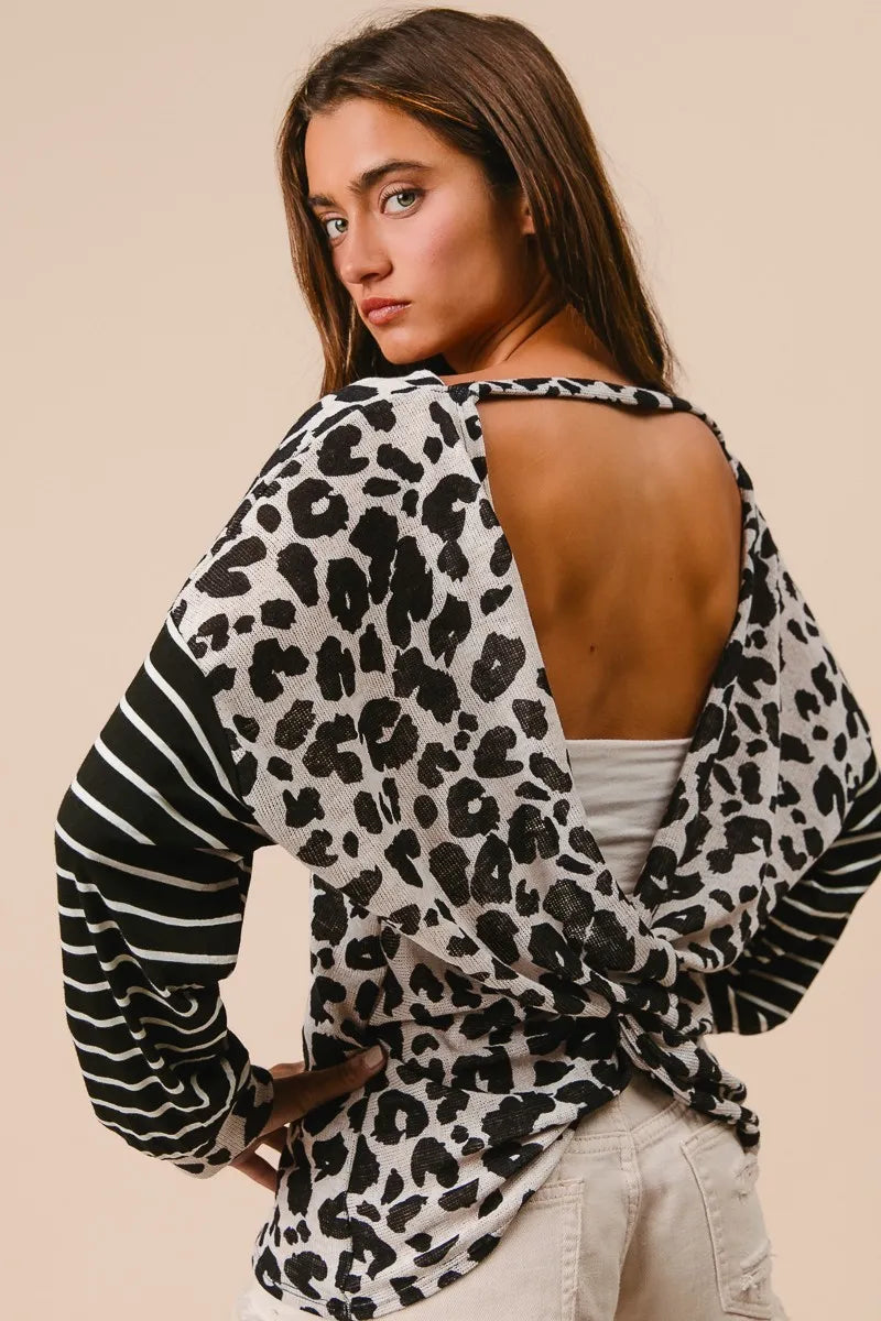 Leopard Hacci Knit Twist Back Top With Stripe Sleeve, In Style Chics Boutique