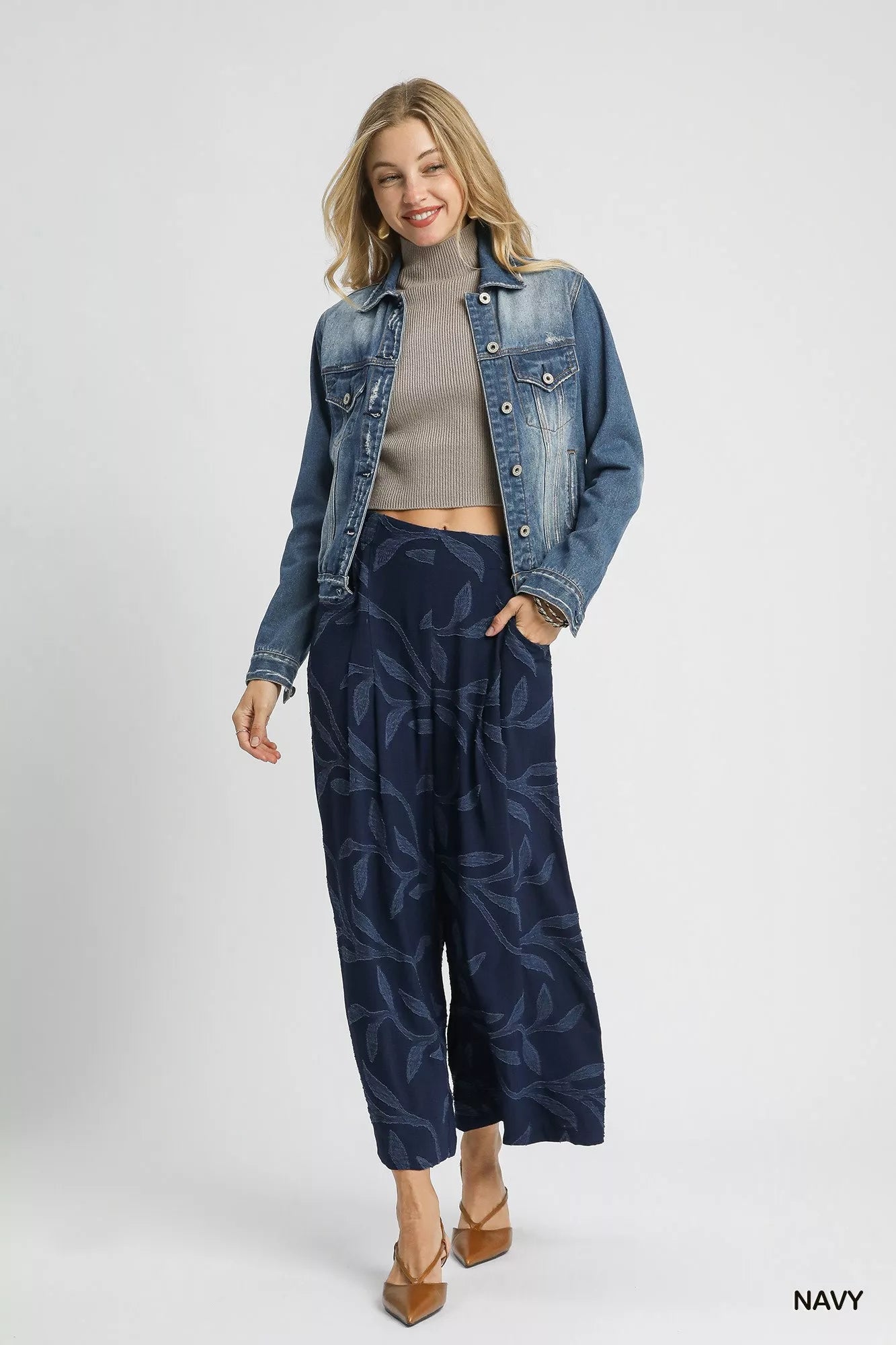 Jacquard Wide-Leg Pants in Navy at In Style Chics Boutique