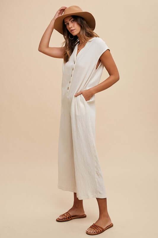 Annie Wear Button Detail Wide Leg Jumpsuit with Pockets - In Style Chics Boutique LLC