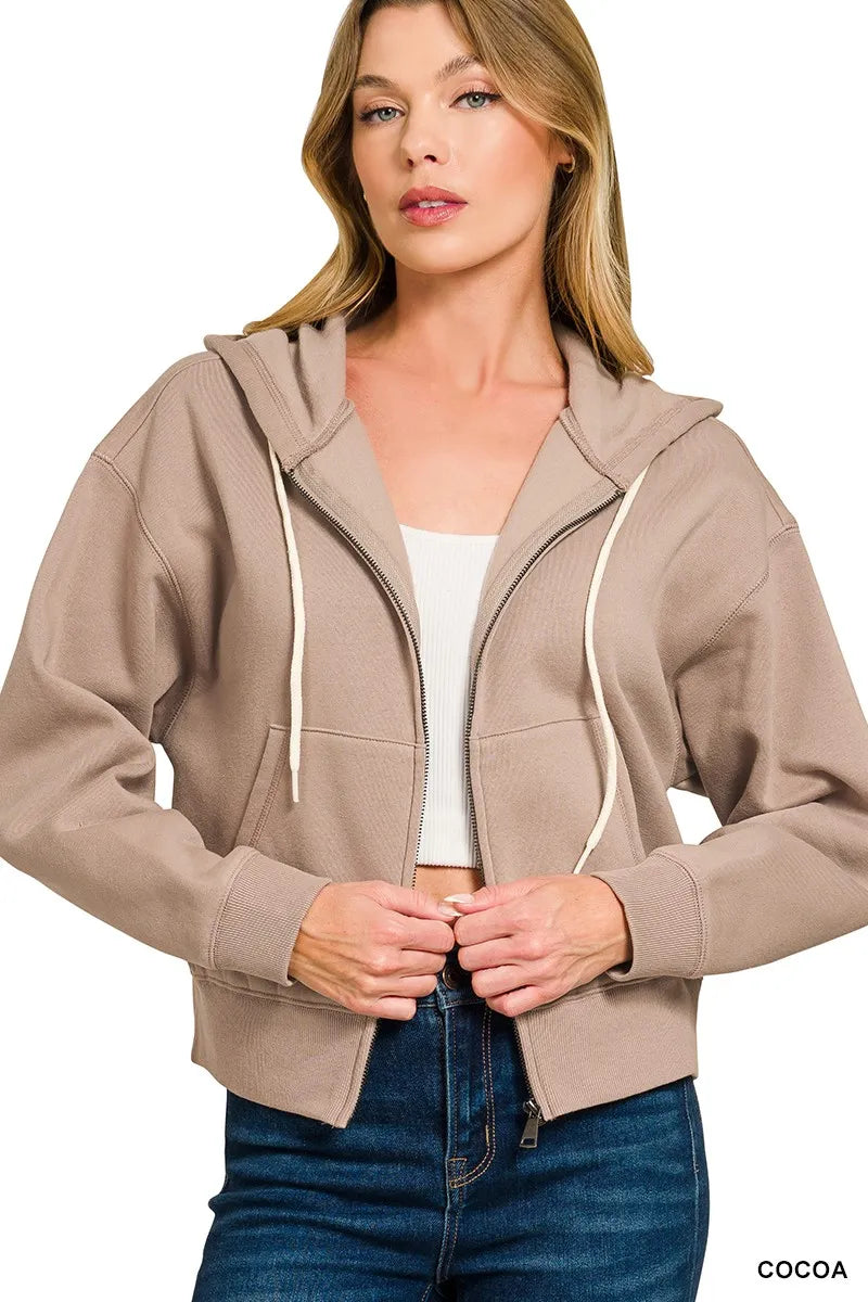 Fleece Cropped Zip-up Hoodie with Pockets at In Style Chics Boutique