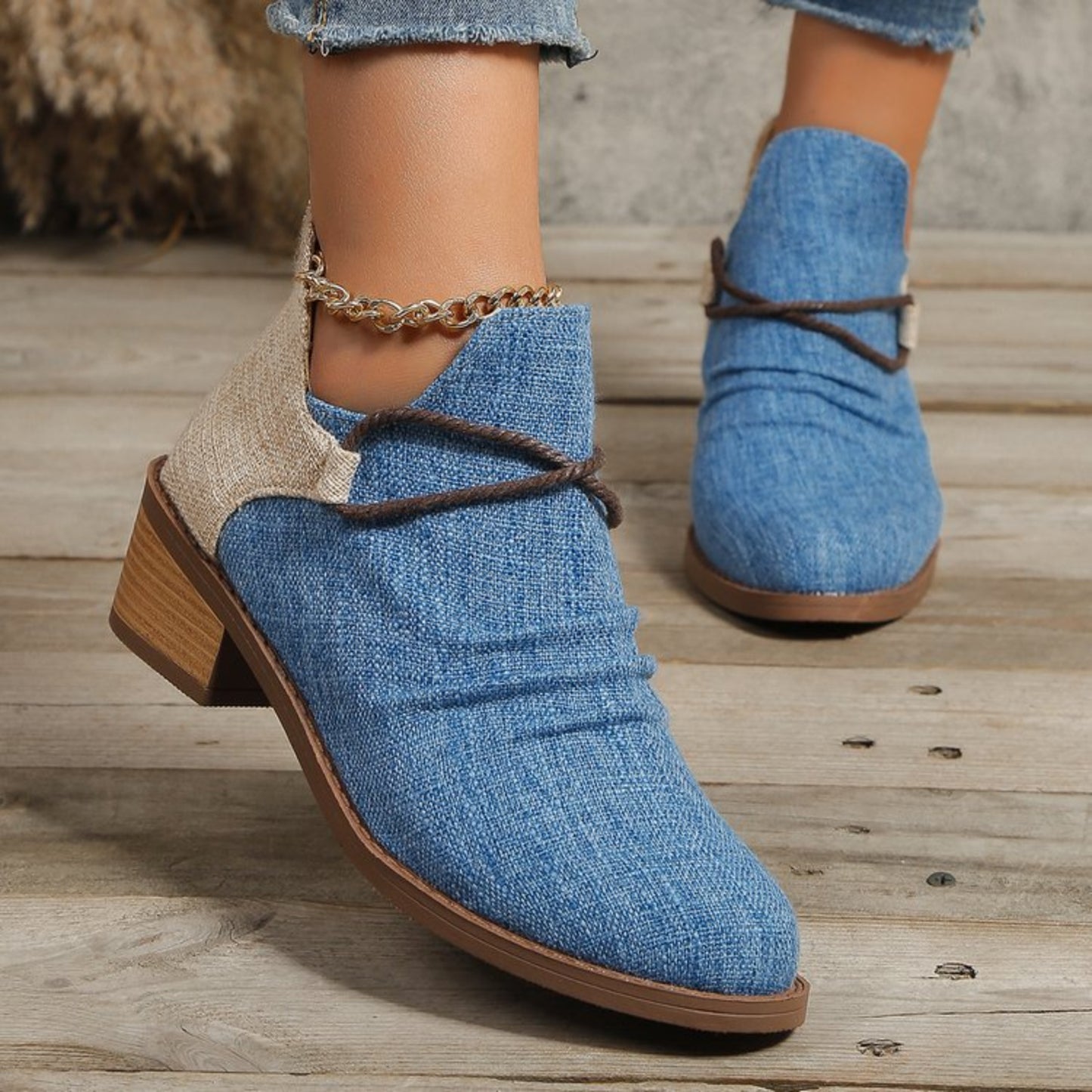 Contrast Canvas Low Heel Boots - In Style Chics Boutique LLC