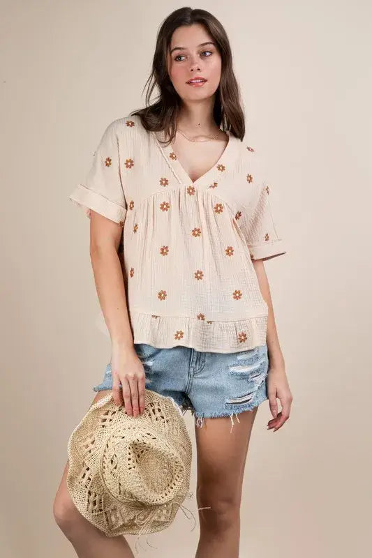 Flower Embroidered Woven Blouse