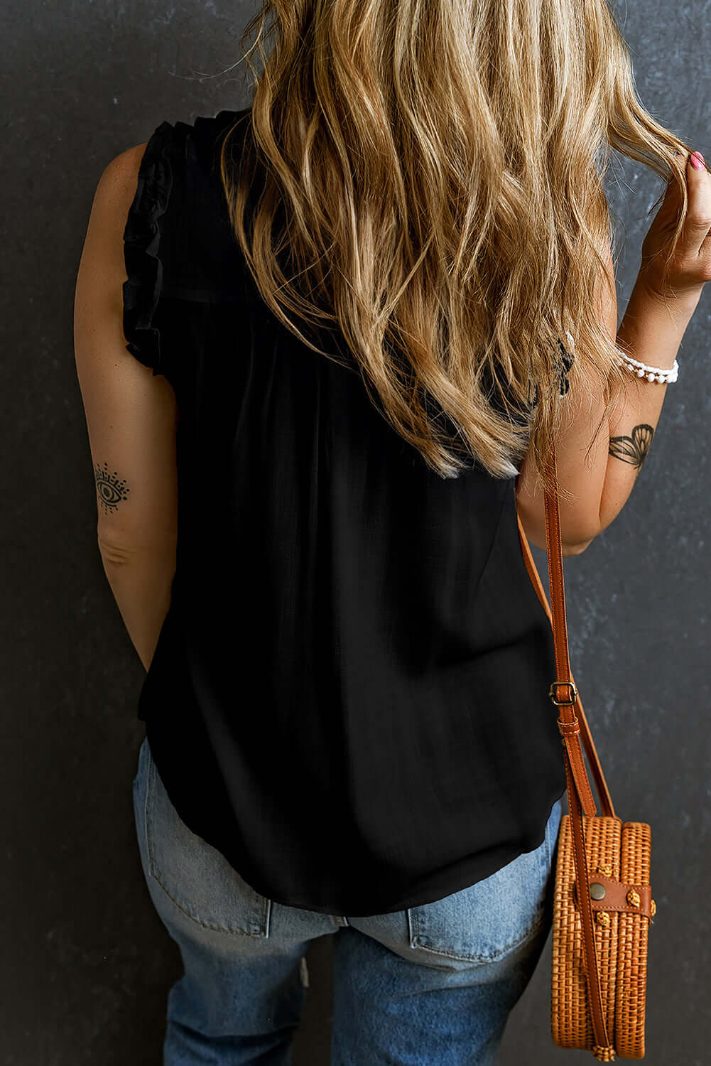 Button Split Neck Frill Trim Sleeveless Shirt - Cute Clothes Online - In Style Chics Boutique Women's Juniors Apparel