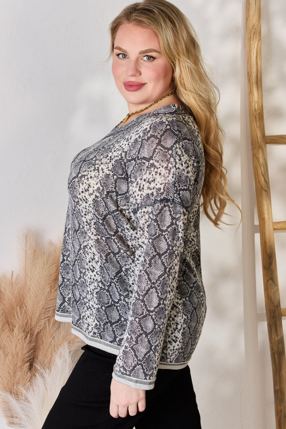 Hailey & Co Full Size Snakeskin V-Neck Long Sleeve Top - In Style Chics Boutique LLC