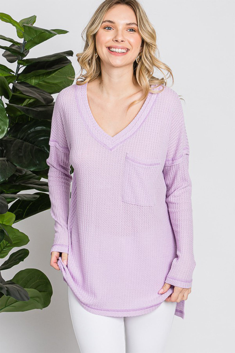 Reborn J Waffle Knit V-Neck Long Sleeve T-Shirt - In Style Chics Boutique LLC