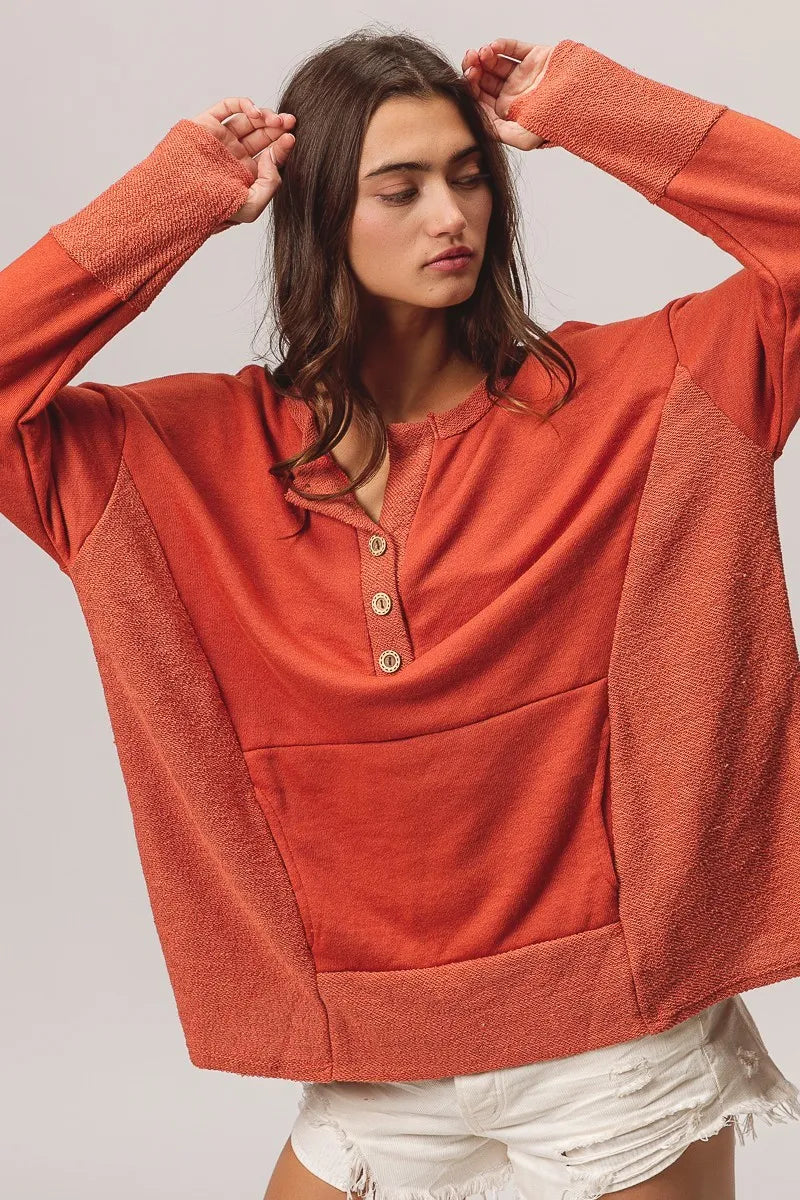 French Terry Knit Side Block Buttoned Henley Top at In Style Chics Boutique
