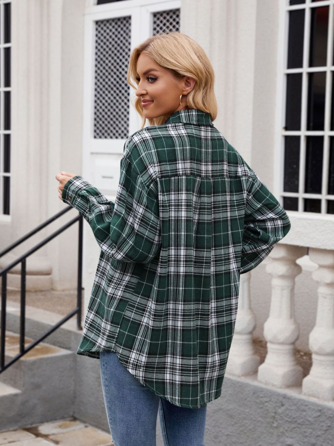 Pocketed Plaid Collared Neck Long Sleeve Shirt - In Style Chics Boutique LLC