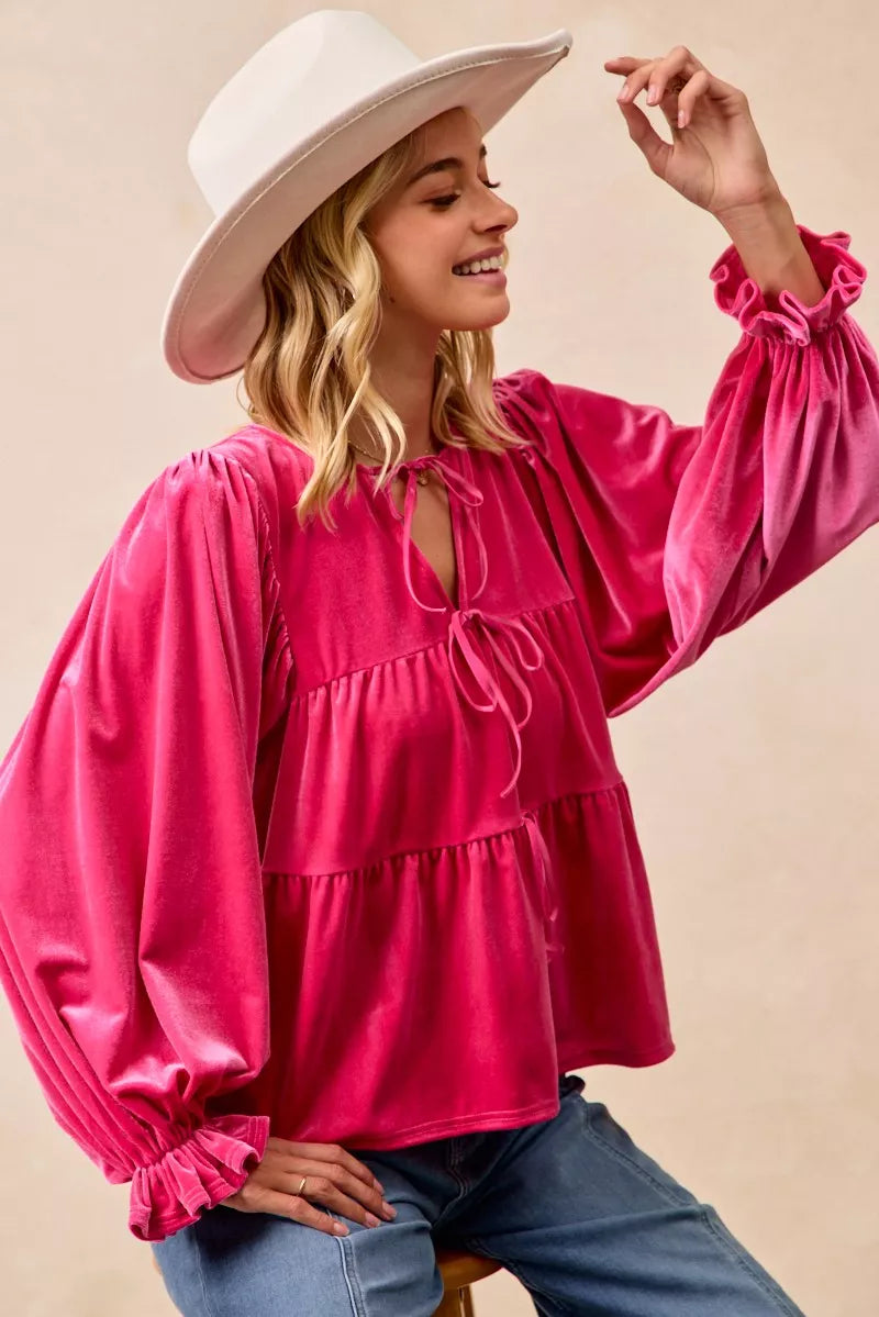 Shop Christmas Theme 💞 Velvet Bow Tied Blouse at In Style Chics Boutique